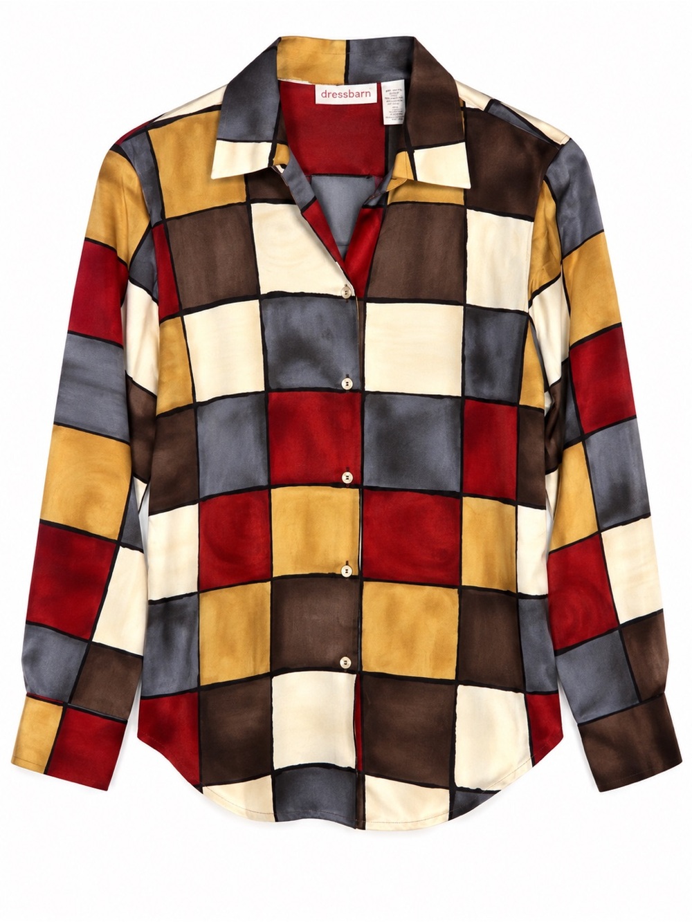 Dressbarn Sateen Geometric Color Block Checkered Button Front Shirt Small